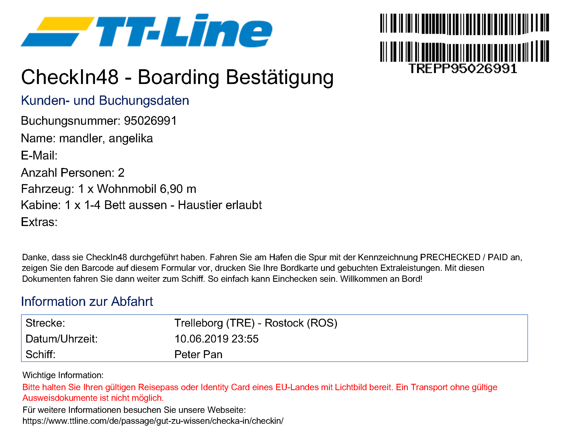 TT Line Online Checkin Bestätigung Schweden Trelleborg Dokument