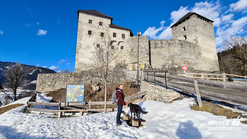 burg kaprun mit hund im winter