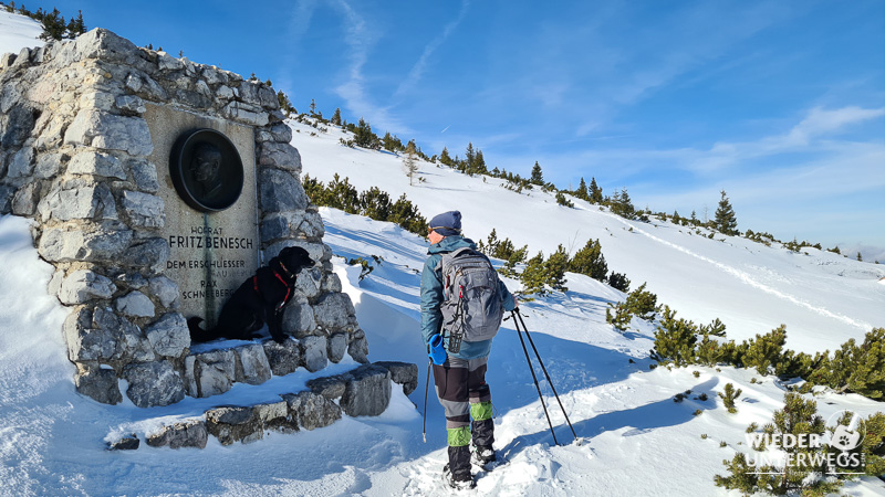 hund schneeschuhwandern auf der rax beim benesch denkmal